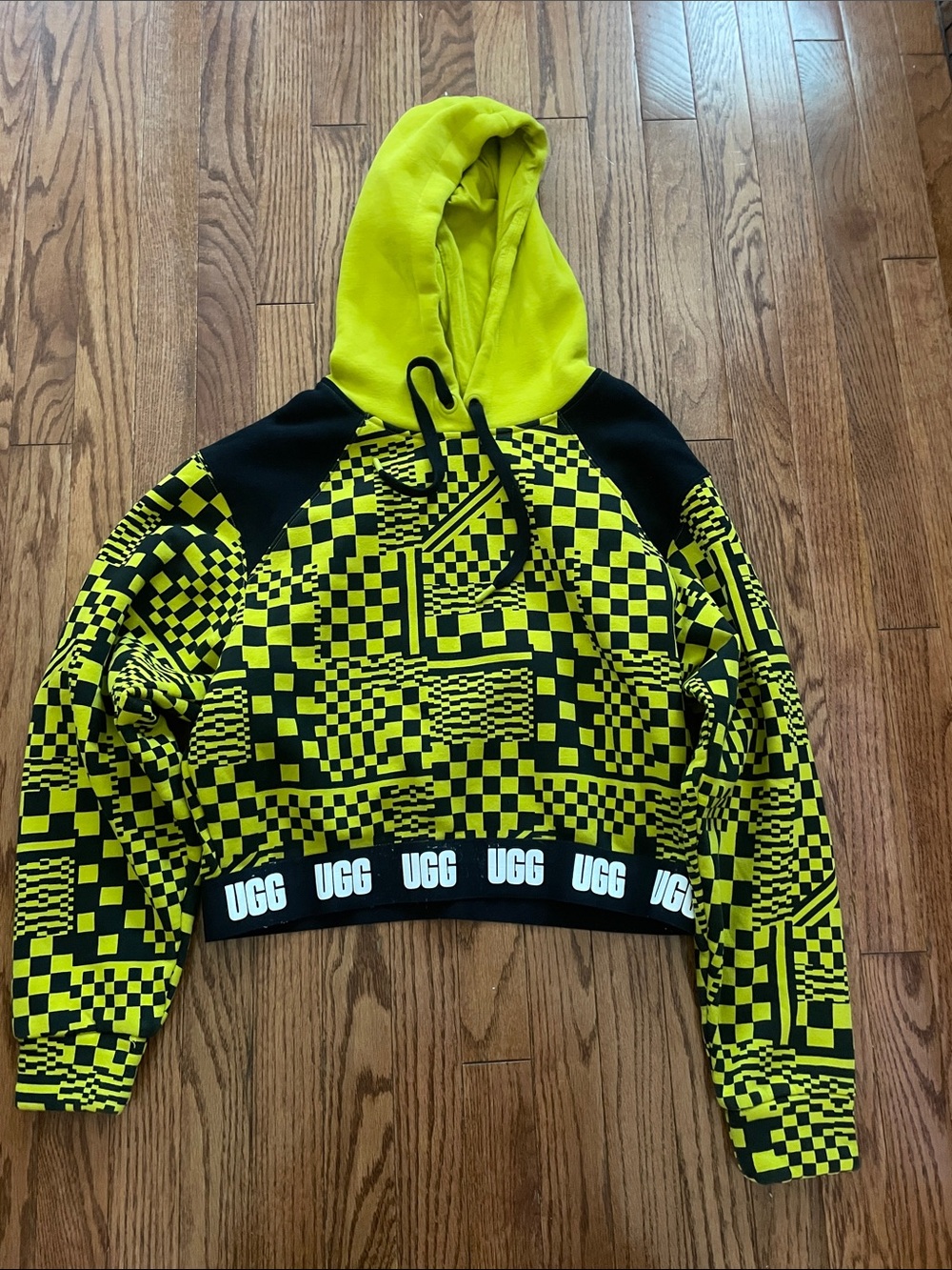 UGG Mallory Cropped Hoodie Checks Neon Yellow Black Women’s Sz Large